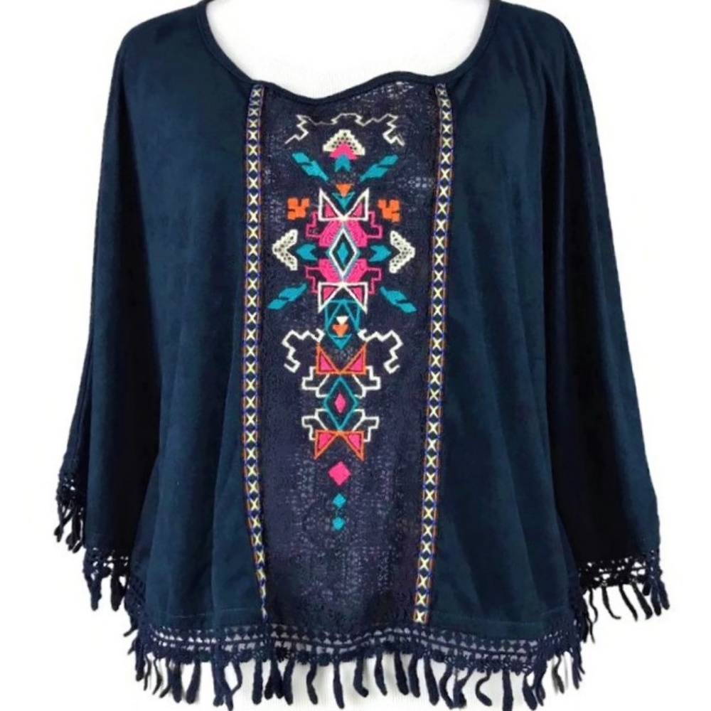 Flying Tomato Navy Blue Cape Poncho Velour Colorful Geometric Embroidery Fringe